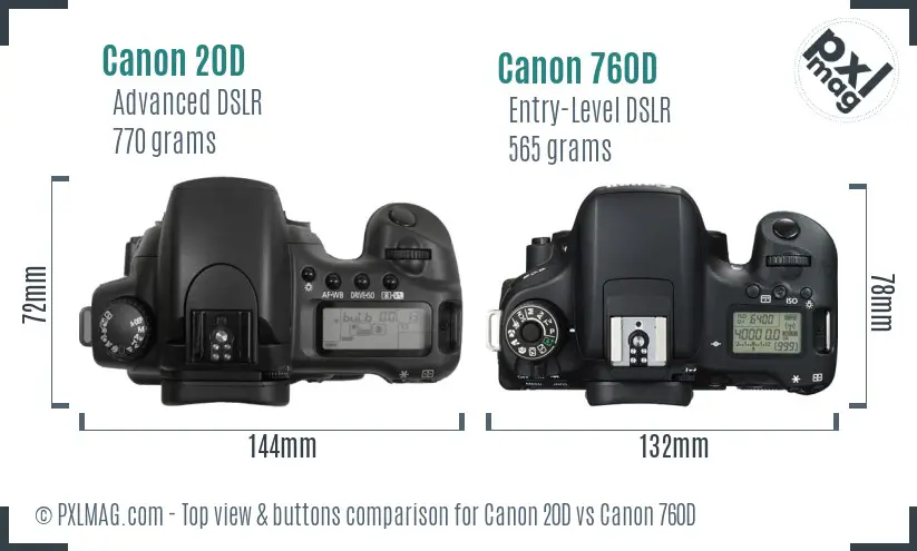 Canon 20D vs Canon 760D top view buttons comparison Canon 20D vs Canon 760D top view buttons comparison