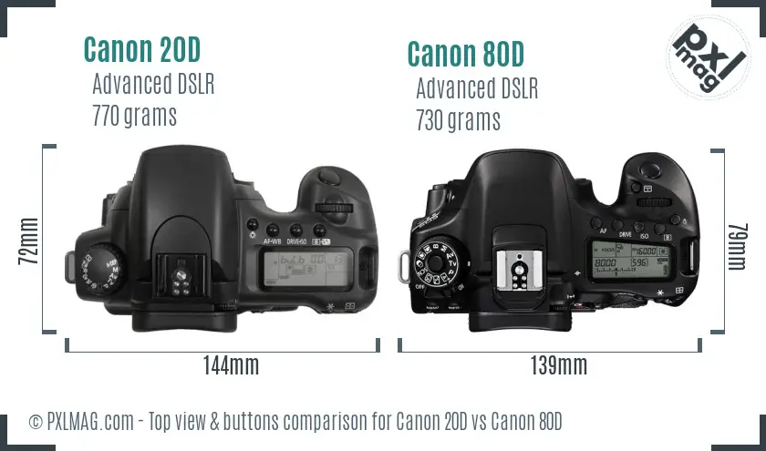 Canon 20D vs Canon 80D top view buttons comparison