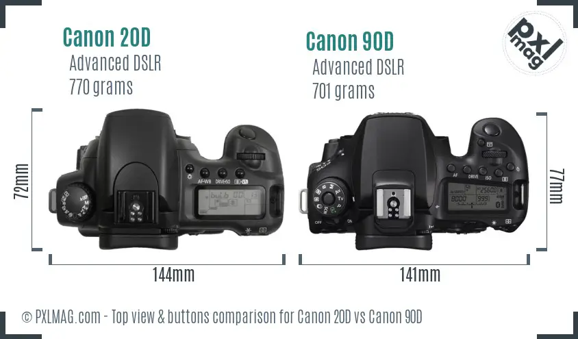 Canon 20D vs Canon 90D top view buttons comparison