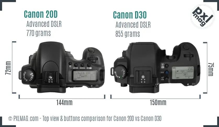 Canon 20D vs Canon D30 top view buttons comparison