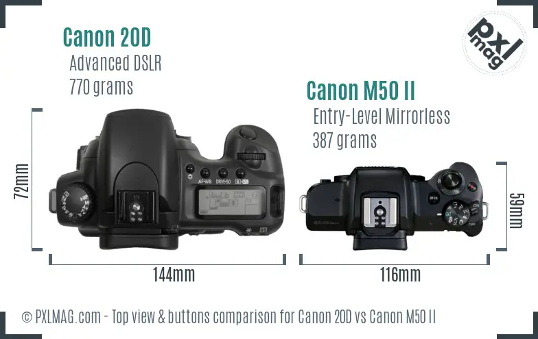 Canon 20D vs Canon M50 II top view buttons comparison