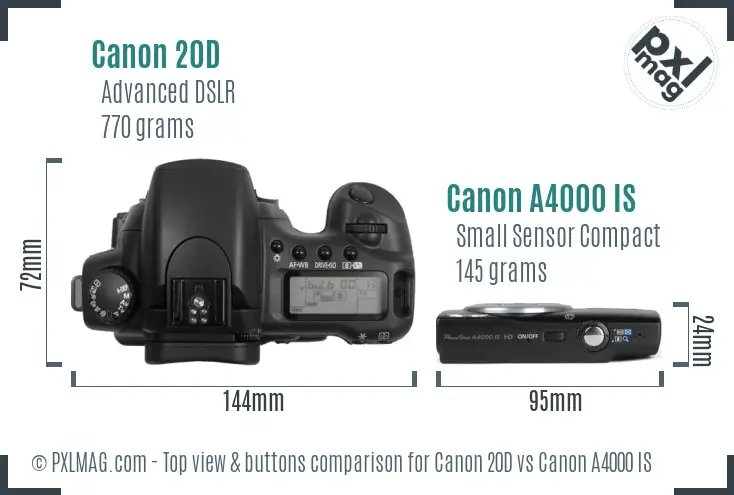 Canon 20D vs Canon A4000 IS top view buttons comparison