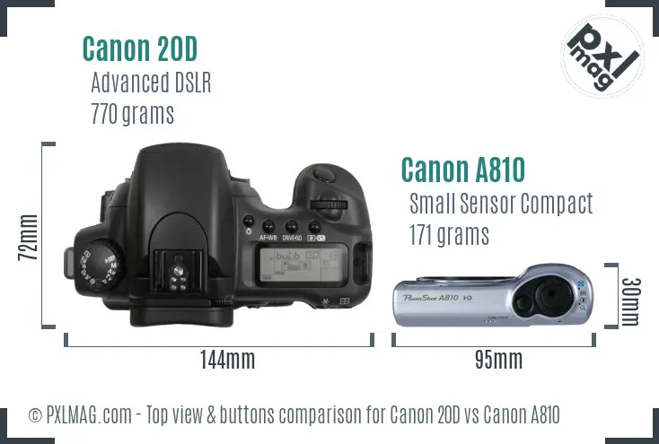 Canon 20D vs Canon A810 top view buttons comparison