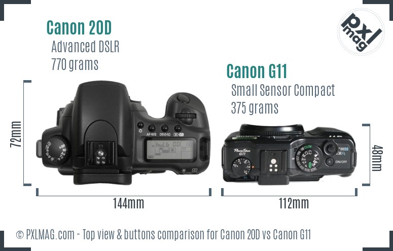Canon 20D vs Canon G11 top view buttons comparison