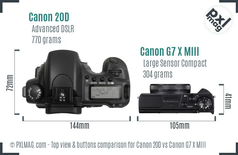 Canon 20D vs Canon G7 X MIII top view buttons comparison