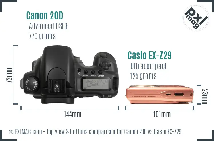 Canon 20D vs Casio EX-Z29 top view buttons comparison