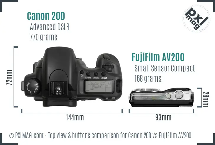 Canon 20D vs FujiFilm AV200 top view buttons comparison Canon 20D vs FujiFilm AV200 top view buttons comparison