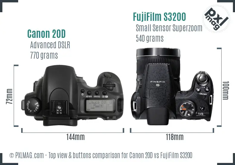 Canon 20D vs FujiFilm S3200 top view buttons comparison Canon 20D vs FujiFilm S3200 top view buttons comparison