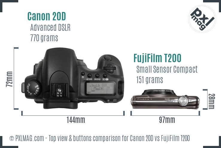 Canon 20D vs FujiFilm T200 top view buttons comparison