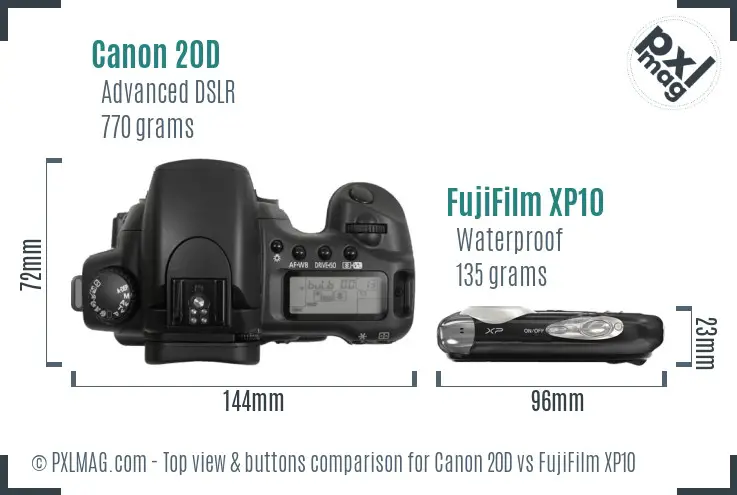 Canon 20D vs FujiFilm XP10 top view buttons comparison