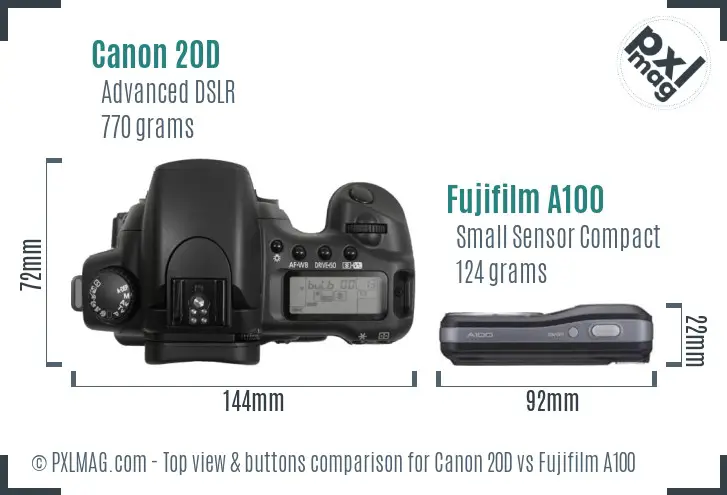 Canon 20D vs Fujifilm A100 top view buttons comparison
