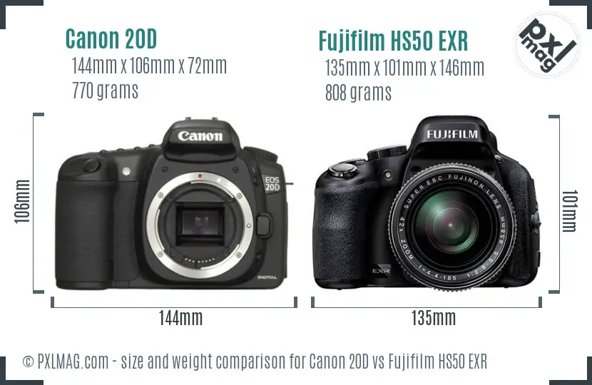 Canon 20D vs Fujifilm HS50 EXR size comparison