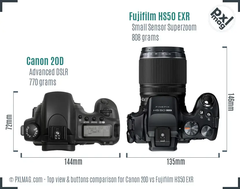 Canon 20D vs Fujifilm HS50 EXR top view buttons comparison