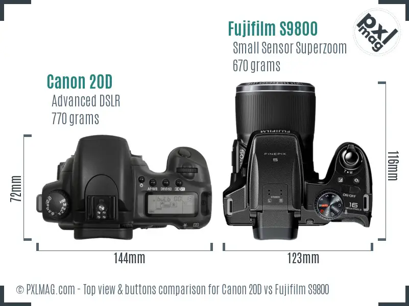 Canon 20D vs Fujifilm S9800 top view buttons comparison
