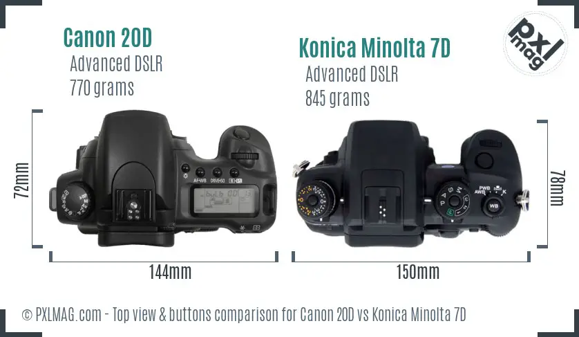 Canon 20D vs Konica Minolta 7D top view buttons comparison
