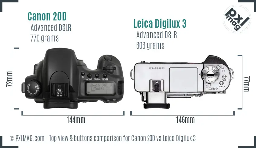 Canon 20D vs Leica Digilux 3 top view buttons comparison