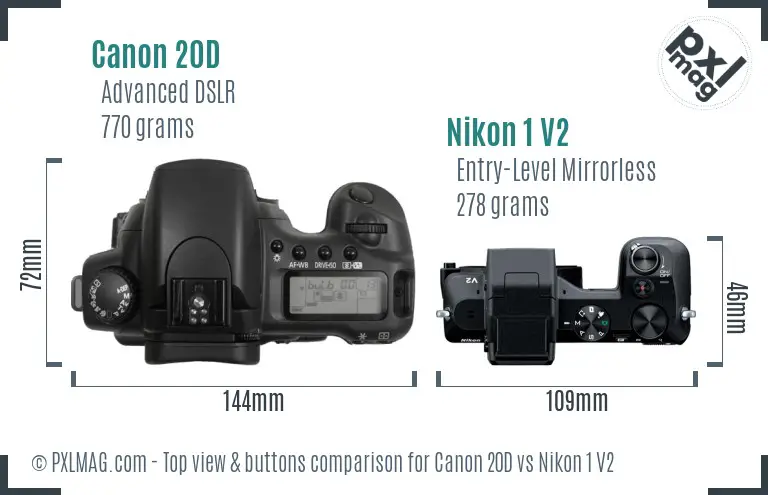Canon 20D vs Nikon 1 V2 top view buttons comparison
