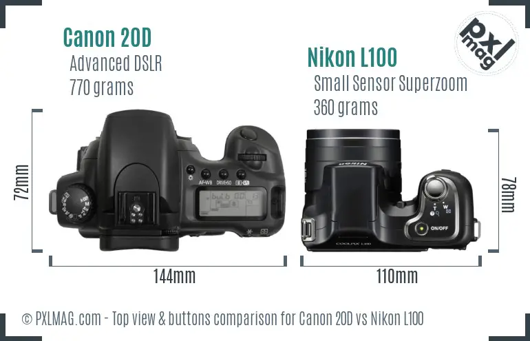 Canon 20D vs Nikon L100 top view buttons comparison