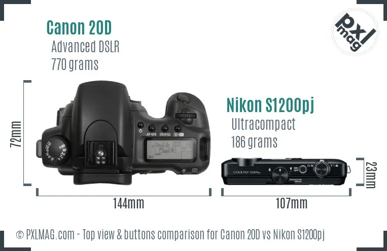 Canon 20D vs Nikon S1200pj top view buttons comparison
