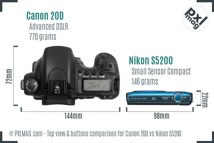 Canon 20D vs Nikon S5200 top view buttons comparison