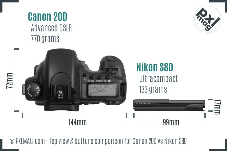 Canon 20D vs Nikon S80 top view buttons comparison