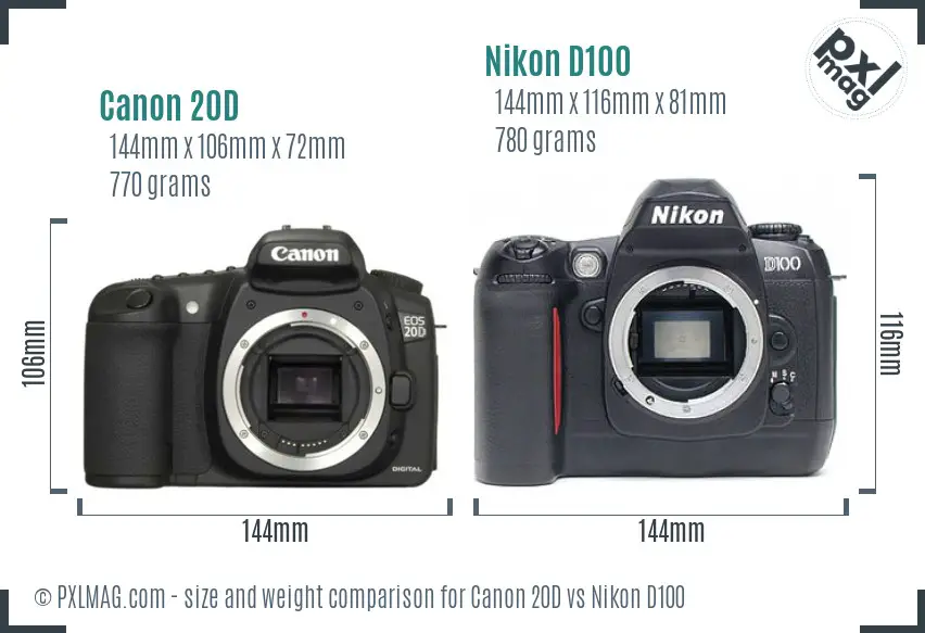 Canon 20D vs Nikon D100 size comparison