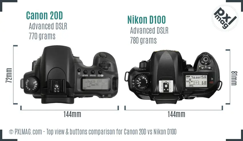 Canon 20D vs Nikon D100 top view buttons comparison