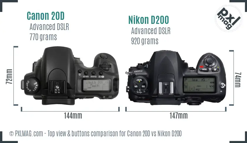 Canon 20D vs Nikon D200 top view buttons comparison