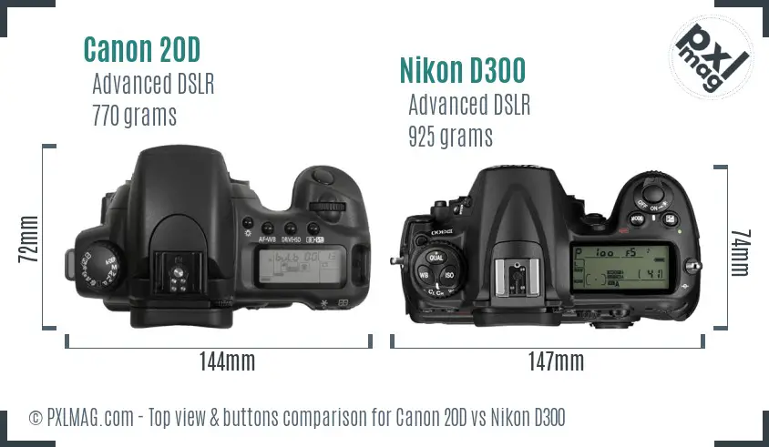 Canon 20D vs Nikon D300 top view buttons comparison Canon 20D vs Nikon D300 top view buttons comparison