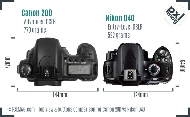 Canon 20D vs Nikon D40 top view buttons comparison