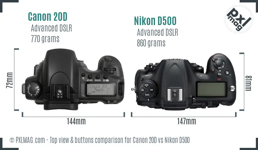 Canon 20D vs Nikon D500 top view buttons comparison