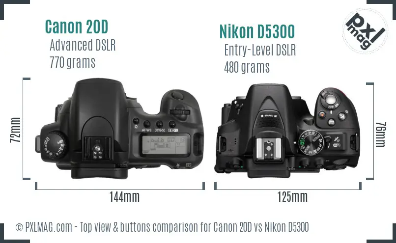 Canon 20D vs Nikon D5300 top view buttons comparison
