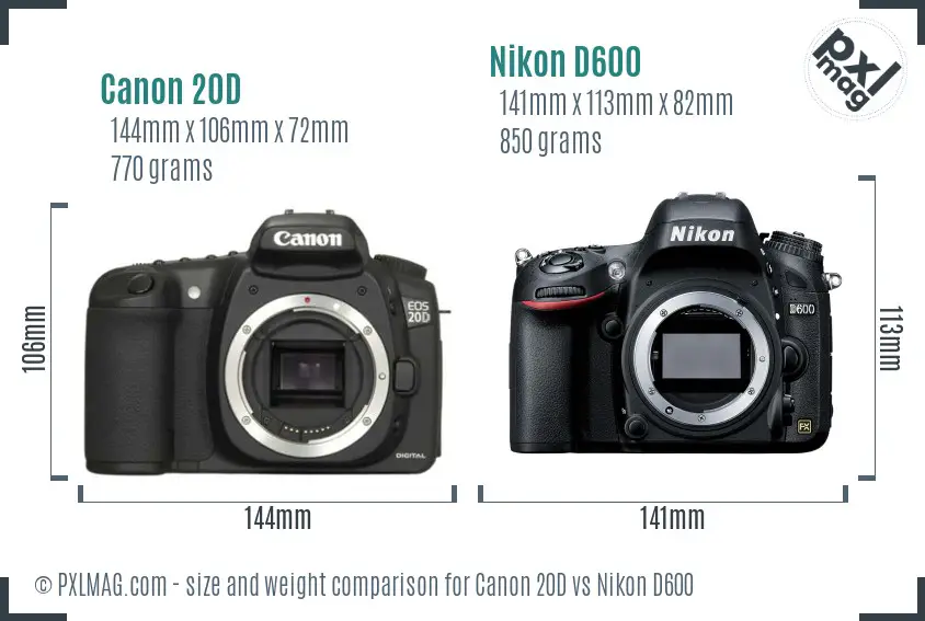 Canon 20D vs Nikon D600 size comparison