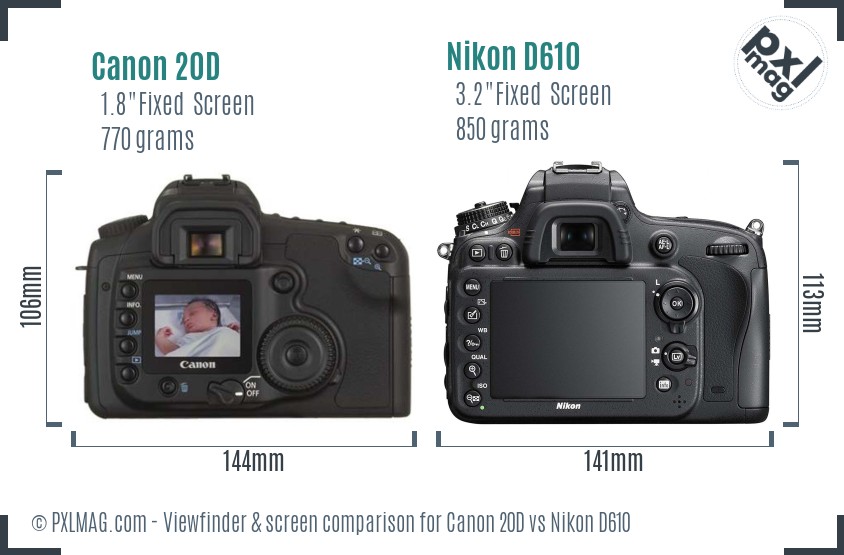 Canon 20D vs Nikon D610 Screen and Viewfinder comparison