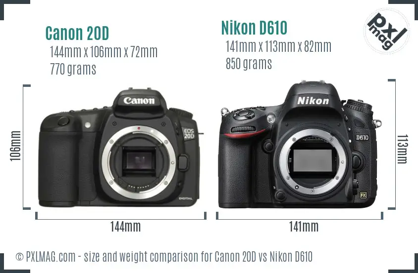 Canon 20D vs Nikon D610 size comparison