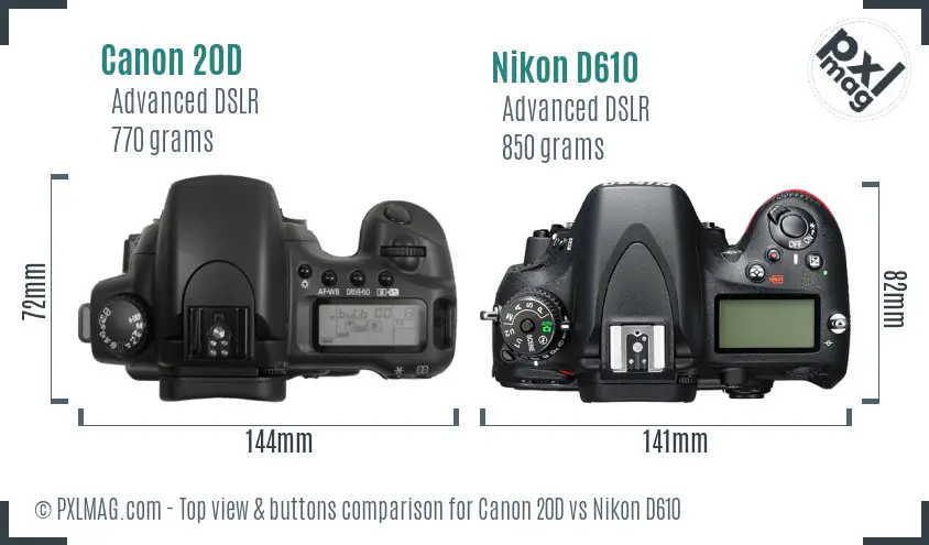 Canon 20D vs Nikon D610 top view buttons comparison