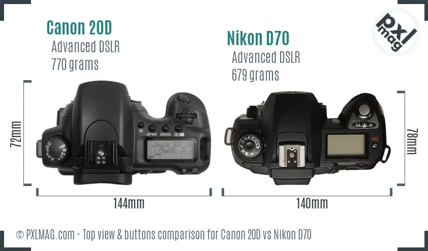 Canon 20D vs Nikon D70 top view buttons comparison