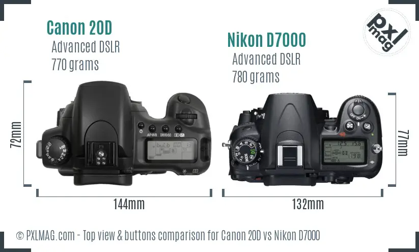 Canon 20D vs Nikon D7000 top view buttons comparison