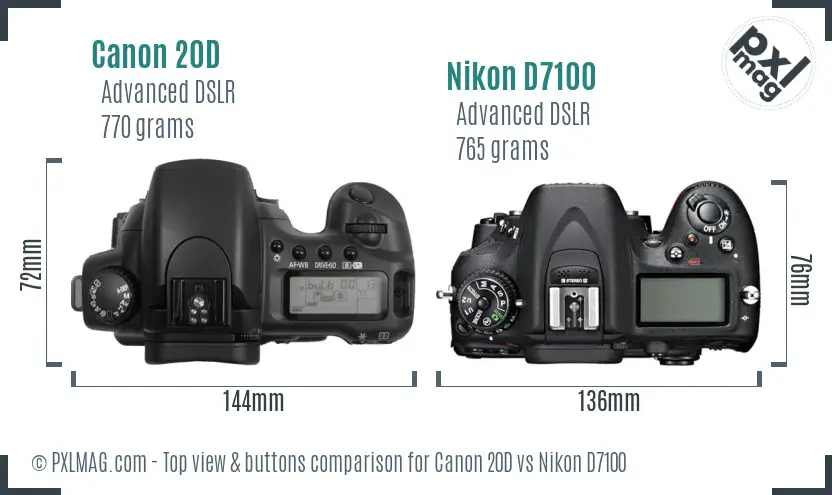 Canon 20D vs Nikon D7100 top view buttons comparison