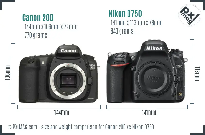 Canon 20D vs Nikon D750 size comparison