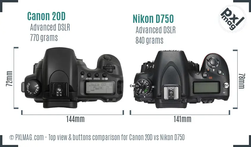 Canon 20D vs Nikon D750 top view buttons comparison