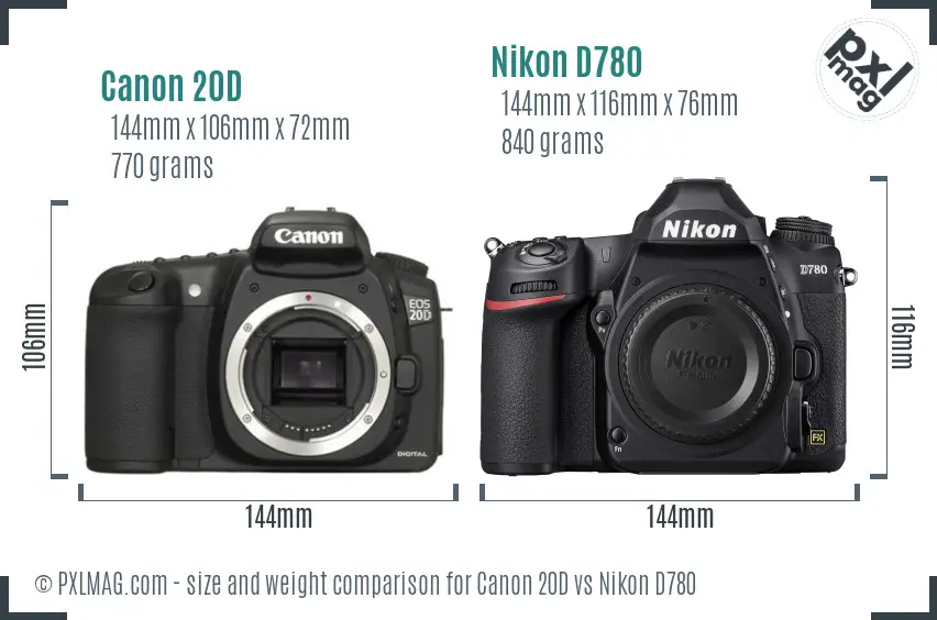 Canon 20D vs Nikon D780 size comparison