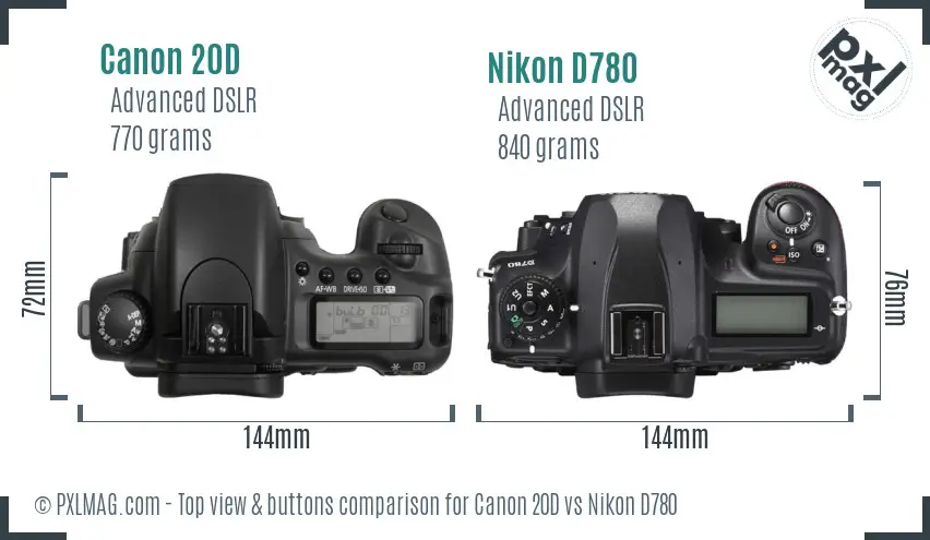 Canon 20D vs Nikon D780 top view buttons comparison