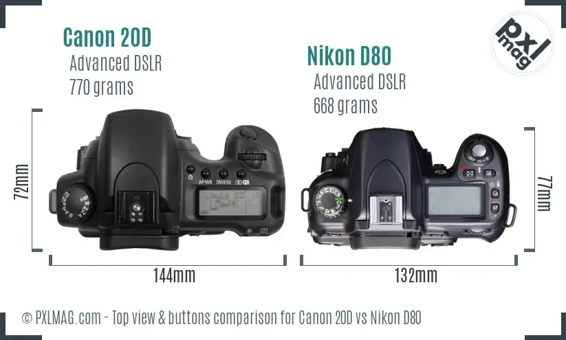 Canon 20D vs Nikon D80 top view buttons comparison Canon 20D vs Nikon D80 top view buttons comparison