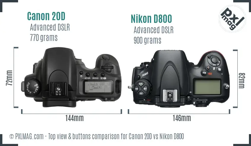 Canon 20D vs Nikon D800 top view buttons comparison
