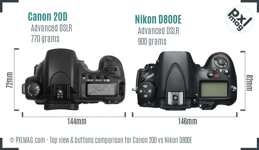 Canon 20D vs Nikon D800E top view buttons comparison