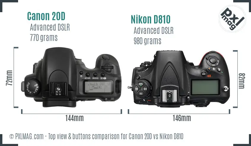 Canon 20D vs Nikon D810 top view buttons comparison