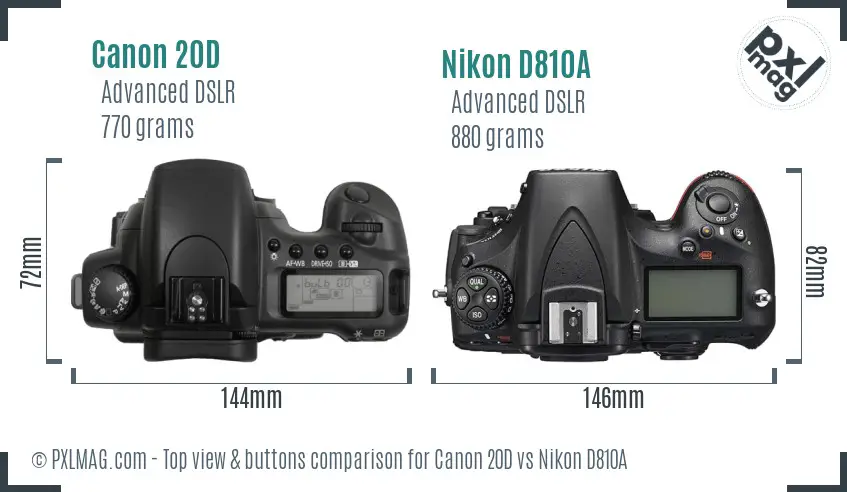 Canon 20D vs Nikon D810A top view buttons comparison