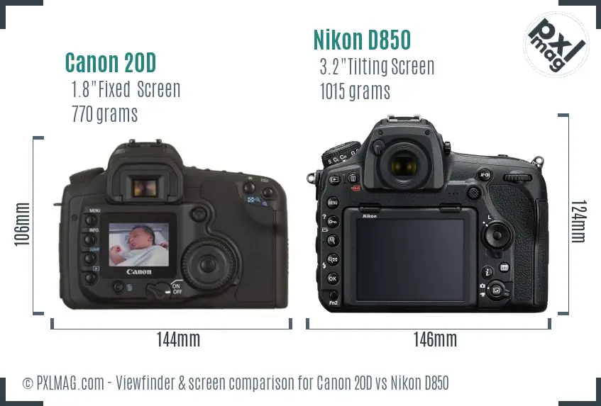 Canon 20D vs Nikon D850 Screen and Viewfinder comparison