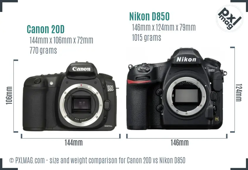 Canon 20D vs Nikon D850 size comparison